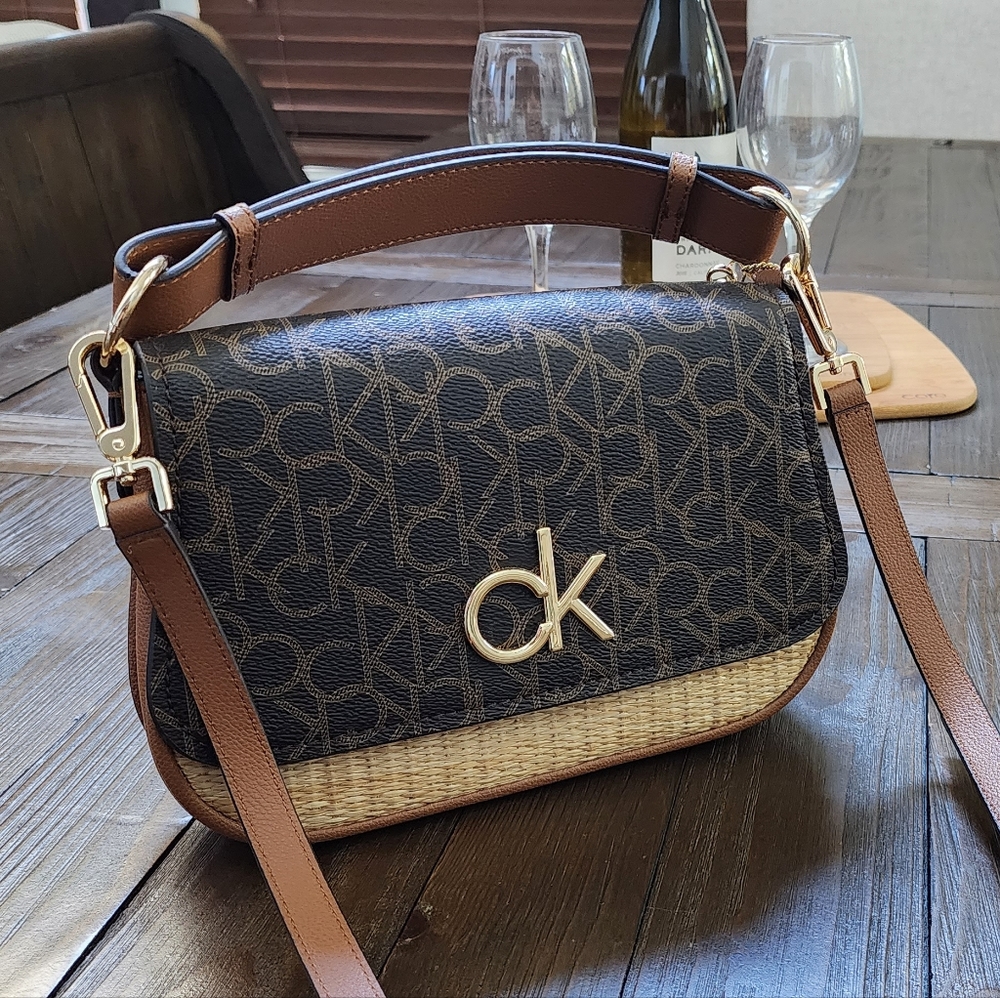 NWOT Calvin Klein Signature Shoulder Bag Crossbody Brown & Natural Straw